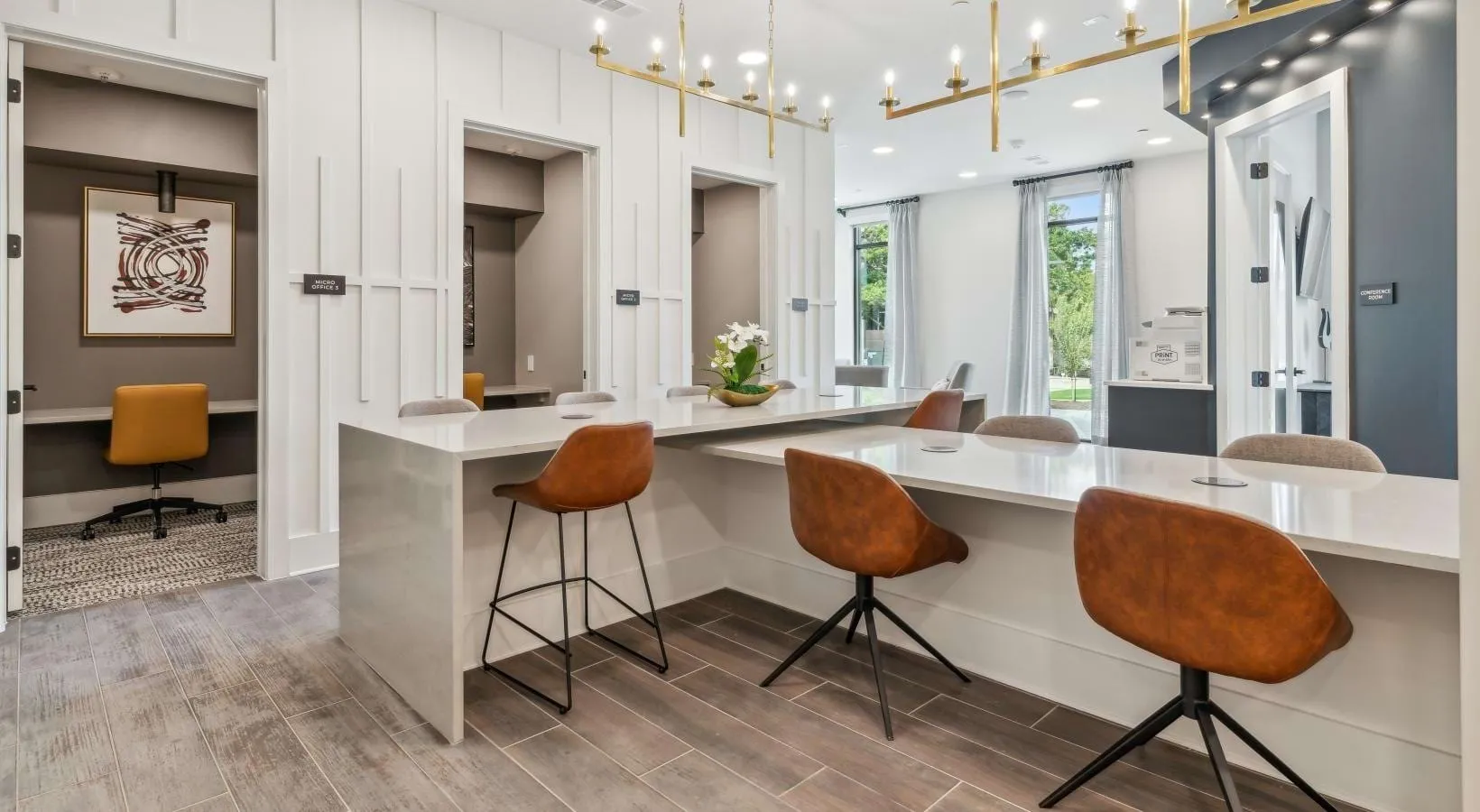 Micro-office workspace with island seating