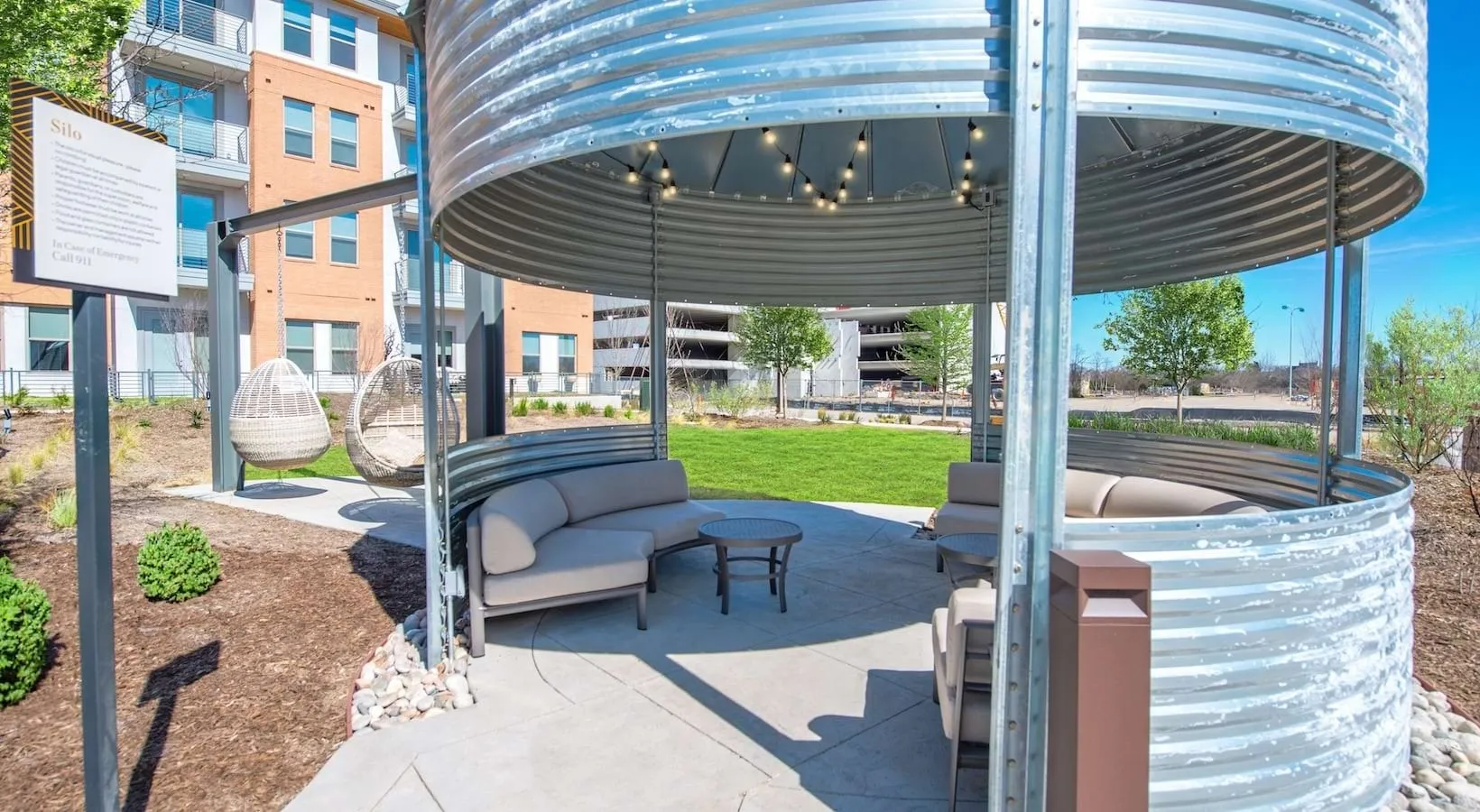 Grain-silo shade structure and seating