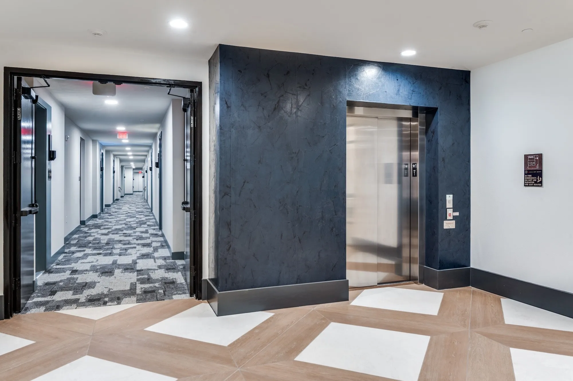 Elevator lobby and interior corridor