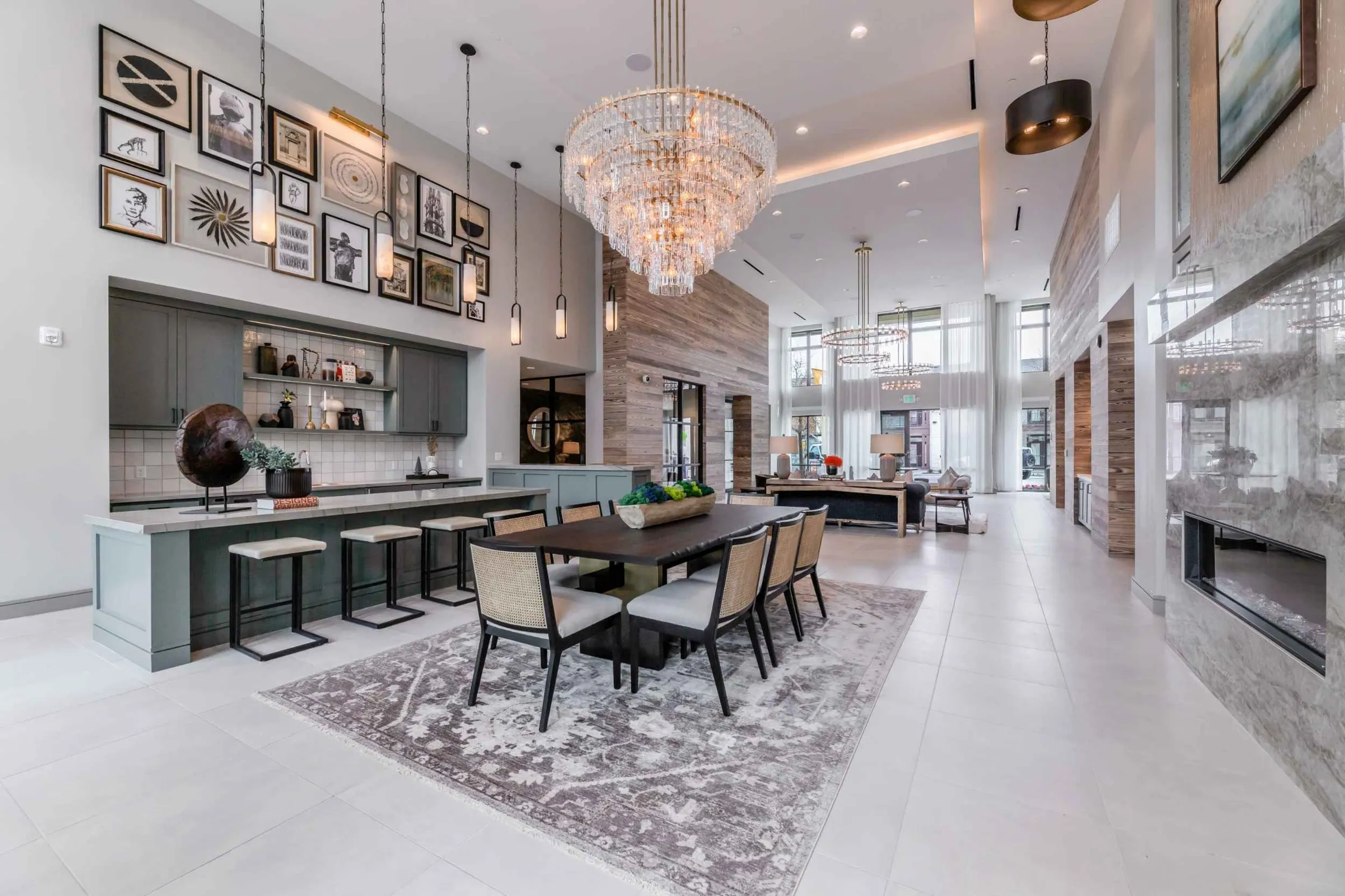 Atlas Crown - Lounge area with kitchen and fireplace