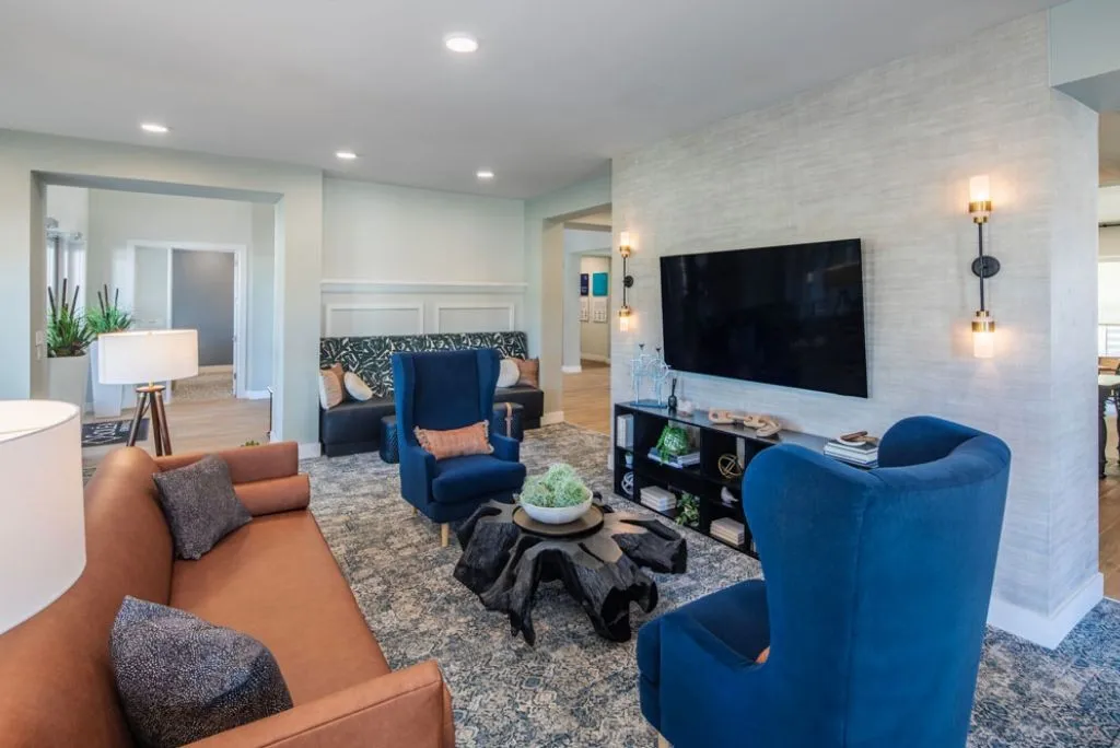Affinity at Lewisville - Resident lounge with television and club chairs