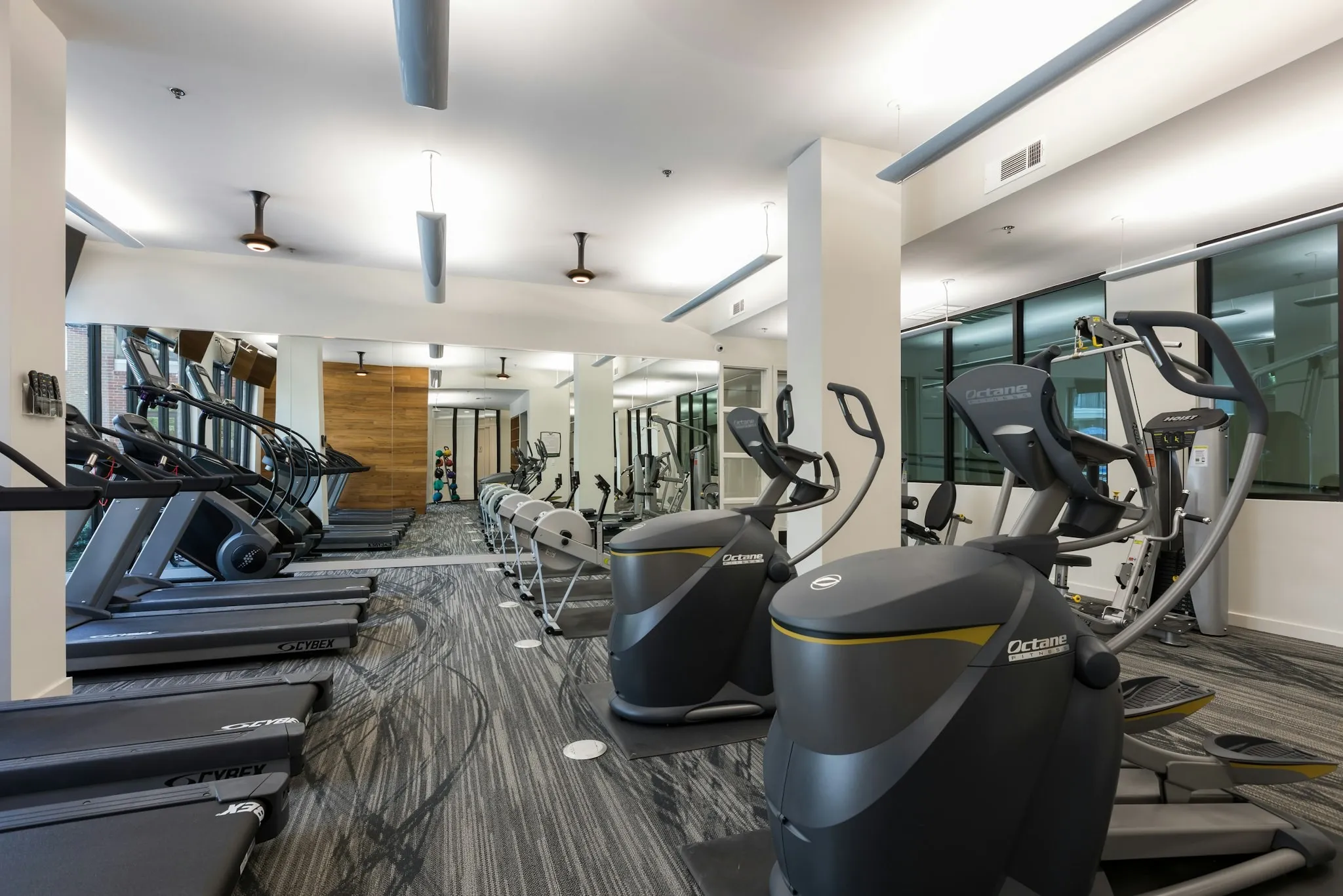 AMLI Frisco Crossing - Fitness center at AMLI Frisco Crossing with treadmills, other cardio machines, gray patterned carpet and white pillars