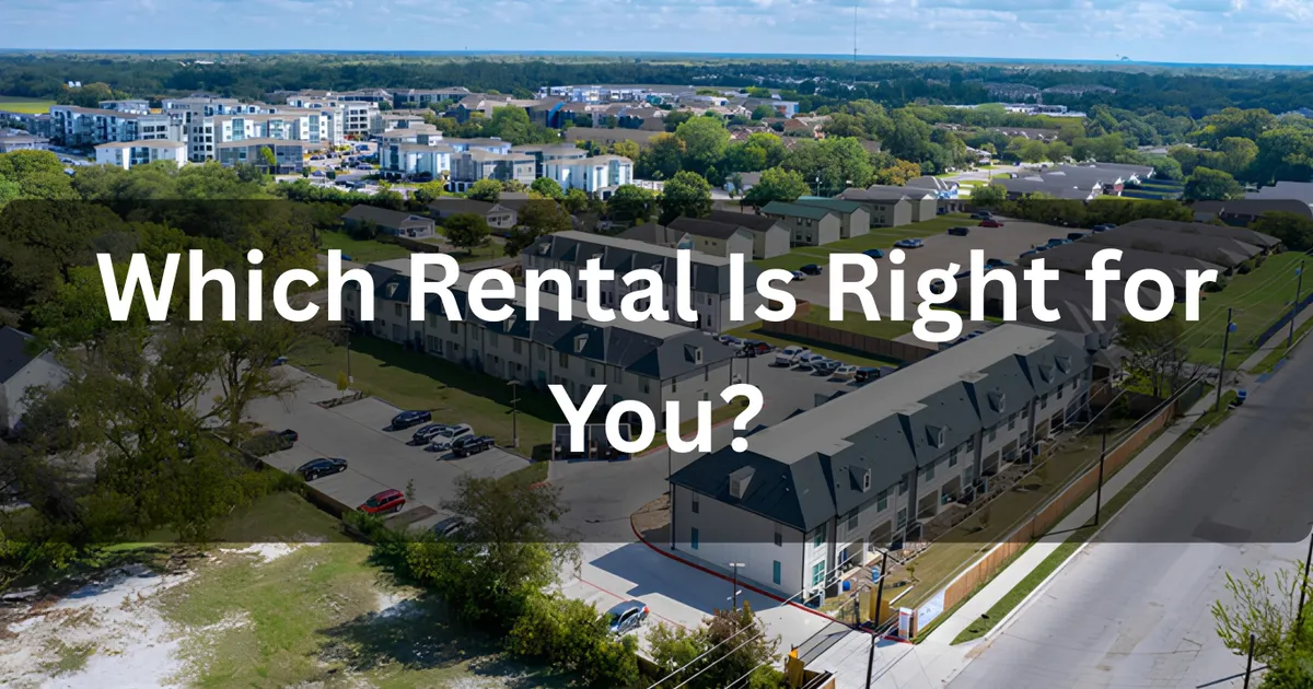 Aerial view of apartments, townhomes, and rental homes in a residential community.